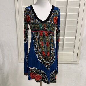 VINTAGE HAVANA SIZE M~CONTRASTING V-NECK LONG SLEEVE BOHO BEACH BIKINI PRINT BLU